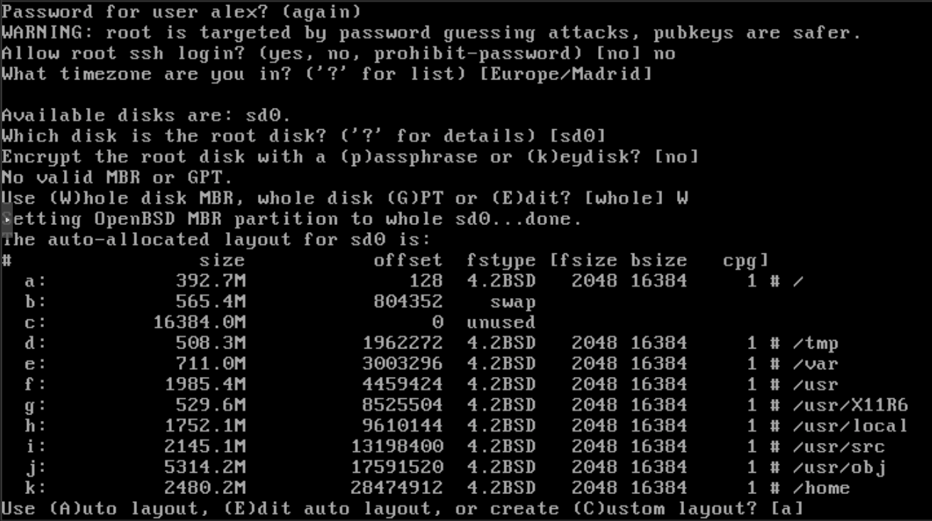 El layout de particiones auto de OpenBSD